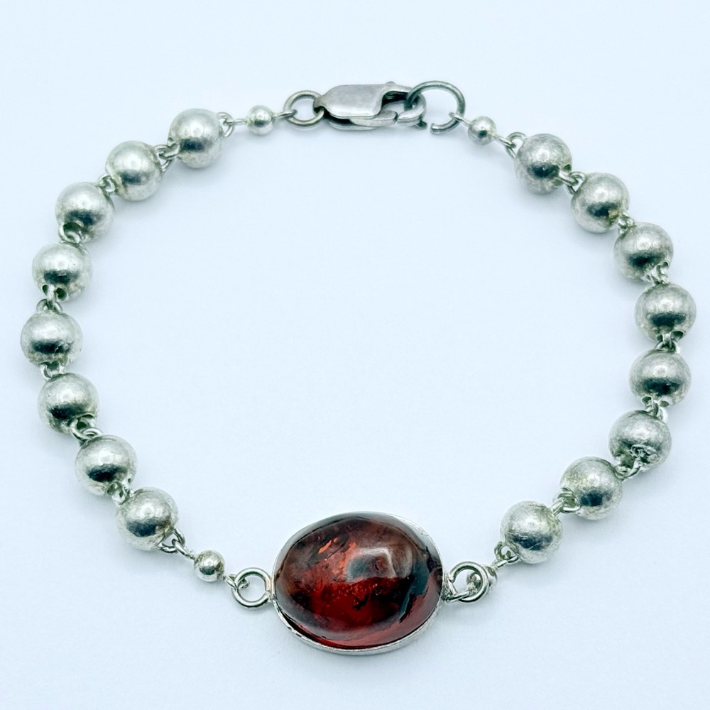 Sterling Silver Amber Bracelet - Vintage 925 Ball Bead
